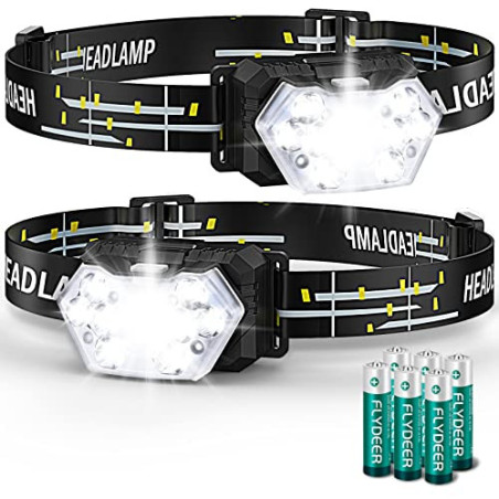 Lsnisni Stirnlampe LED Batteriebetrieben, 2 Stück 2000 Lumens Kopflampe, 6 Lichtmodi, 6 AAA-Batterien Enthalten, IPX5 Wasserd
