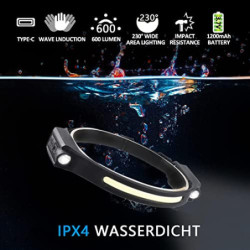 Stirnlampe LED Wiederaufladbar USB, Sensor Kopflampe Headlight mit 5 Lichtmodi Superhell Stirnlampen 600 Lumen IPX4 Sport-Sti
