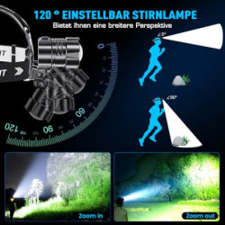 Glarylight Stirnlampe LED Wiederaufladbar, Superhell 1000 Lumen Kopflampe mit 6 Lichtmodi & IPX4 Wasserdicht & Zoombar, 120° 