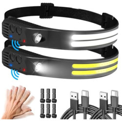 Hyted Stirnlampe LED Wiederaufladbar, 2 Stück 230° Weitwinkel Kopflampe Stirnlampe mit 6 Lichtmodi, 2*LED Weiß Licht Sensor W