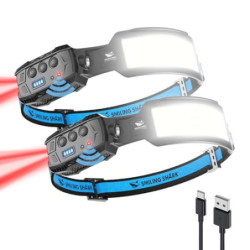 Smiling Shark Stirnlampe, 2 Stück Headlamp 7*Weiße Licht 270° Beleuchtung Breite Mit Bewegungsmelder Helles Rotes Rucklicht F