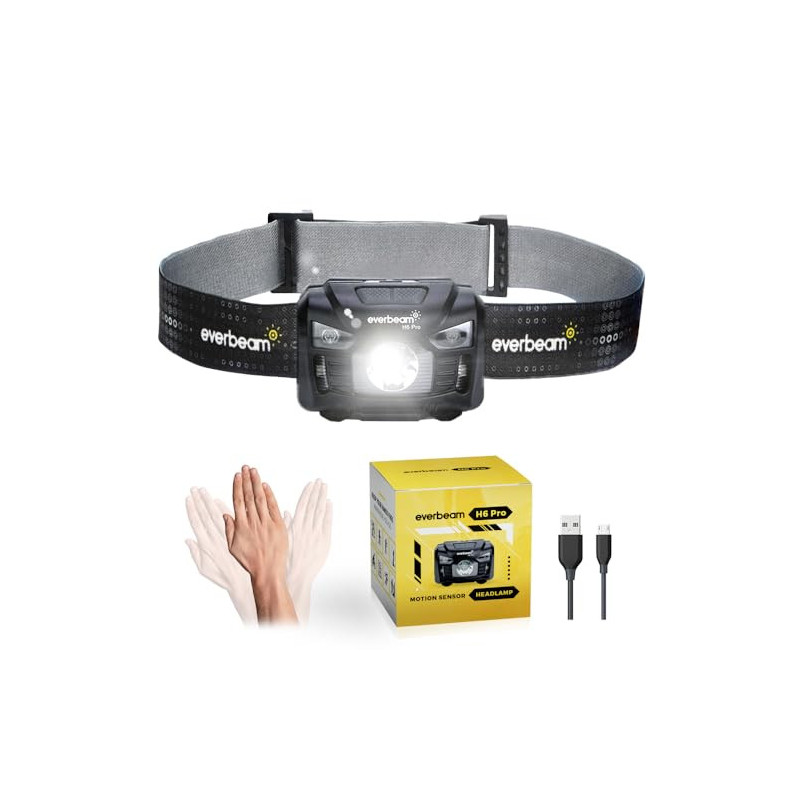 Everbeam H6 Pro LED-Stirnlampe mit Bewegungssensor, 650 Lumen, 20 Stunden Laufzeit, 1200 mAh Akku, wiederaufladbar, wasserdic Everbeam H6 Pro LED-Stirnlampe mit Bewegungssensor, 650 Lumen, 20 Stunden Laufzeit, 1200 mAh Akku, wiederaufladbar, wasserdic