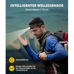 Rolgno Stirnlampe LED Wiederaufladbar, [Ultrahell] Kopflampe mit Sensor & Rotlicht, 6 Lichtmodi & IPX4 Wasserdicht Stirnlampe