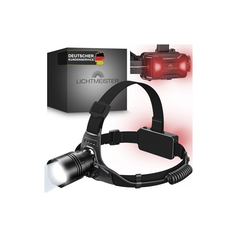 LICHTMEISTER® Stirnlampe mit Rücklicht 2500 Lumen, 8000 mAh Akku - Stirnlampe LED wiederaufladbar - extrem helle Kopflampe LICHTMEISTER® Stirnlampe mit Rücklicht 2500 Lumen, 8000 mAh Akku - Stirnlampe LED wiederaufladbar - extrem helle Kopflampe