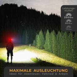 LICHTMEISTER® Stirnlampe mit Rücklicht  2500 Lumen, 8000 mAh Akku  - Stirnlampe LED wiederaufladbar - extrem helle Kopflampe 