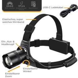 LICHTMEISTER® Stirnlampe mit Rücklicht  2500 Lumen, 8000 mAh Akku  - Stirnlampe LED wiederaufladbar - extrem helle Kopflampe 