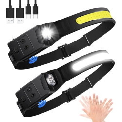 Hyted Stirnlampe LED Wiederaufladbar, 2 Stück 230° Weitwinkel Kopflampe Stirnlampe mit Rotem Warnlicht, 6 Lichtmodi Sensor Wa