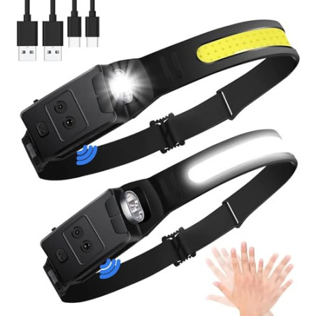 Hyted Stirnlampe LED Wiederaufladbar, 2 Stück 230° Weitwinkel Kopflampe Stirnlampe mit Rotem Warnlicht, 6 Lichtmodi Sensor Wa