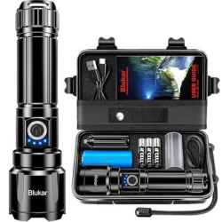 Blukar Taschenlampe LED Aufladbar, 500000 Lumen Extrem Hell Zoombare Taktische Taschenlampen Starke mit 5 Lichtmodi, IP67 Was