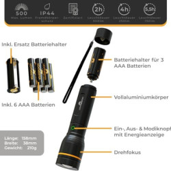 LICHTMEISTER® Taschenlampe  500 Lumen mit AAA Batterien  - Taschenlampe LED - LED Taschenlampe extrem Hell
