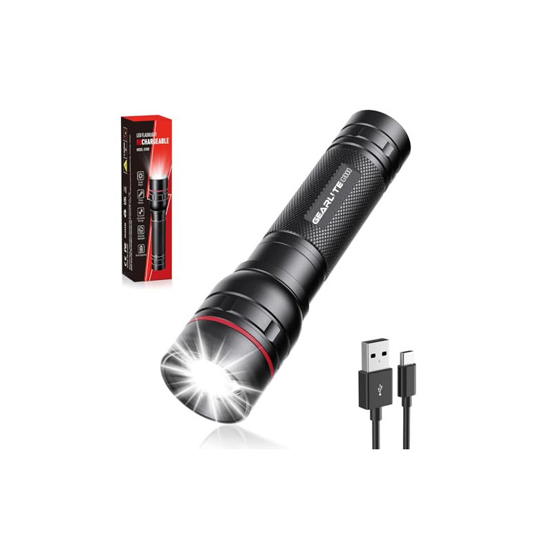 GEARLITE Taschenlampe LED Aufladbar, 2000 Lumen LED Taschenlampe Extrem Hell mit 3 Modi,Zoombare Mini Taschenlampe mit Langer GEARLITE Taschenlampe LED Aufladbar, 2000 Lumen LED Taschenlampe Extrem Hell mit 3 Modi,Zoombare Mini Taschenlampe mit Langer