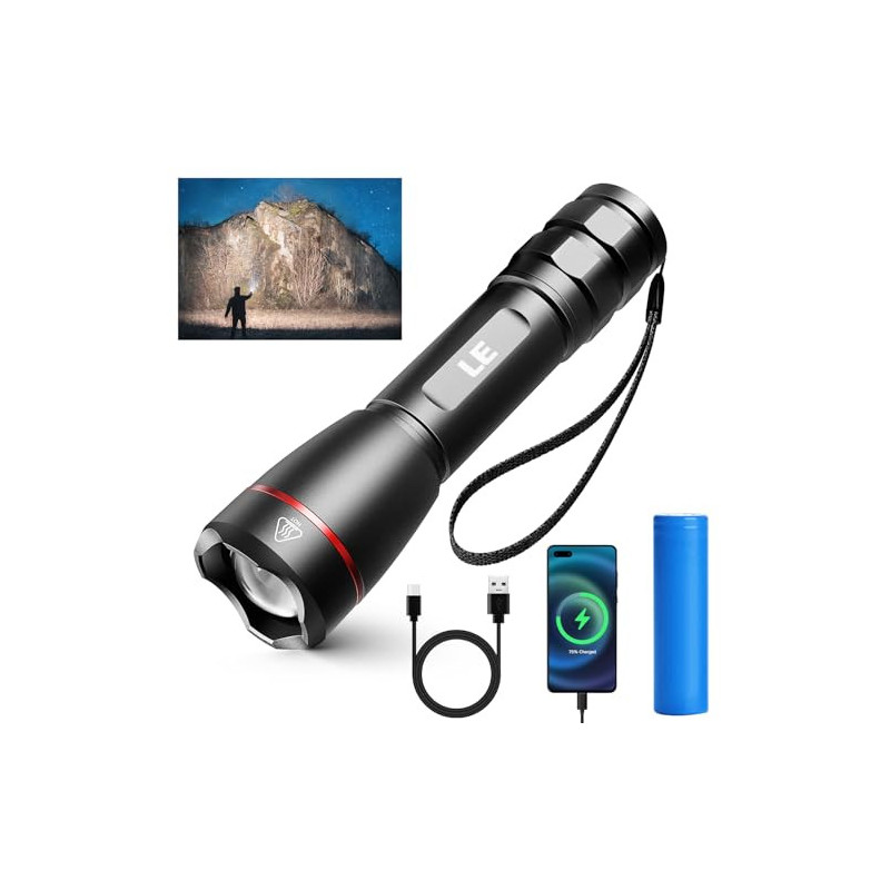 LE LED Taschenlampe Aufladbar USB, Extrem Hell 15000 Lux OSRAM P9 Taschenlampen, IPX4 Wasserdicht Zoombare Handlampe mit 5 Mo