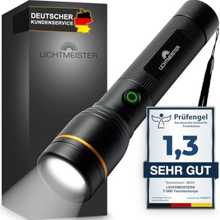LICHTMEISTER® Taschenlampe  1000 Lumen, 4000 mAh Akku  - Taschenlampe LED aufladbar - LED Taschenlampe extrem Hell