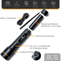 LICHTMEISTER® Taschenlampe  1000 Lumen, 4000 mAh Akku  - Taschenlampe LED aufladbar - LED Taschenlampe extrem Hell