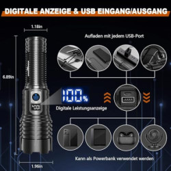 Shadowhawk Taschenlampe LED Aufladbar Extrem Hell, 500000 Lumen Taschenlampen Batteriebetrieben USB, XHM77.2 Taktische Tasche