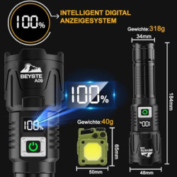 BEYSTE Taschenlampe LED Aufladbar, LED Taschenlampe Extrem Hell 500000 Lumen, Taktische Taschenlampe Batteriebetrieben, Akku 