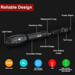 COSOOS LED Taschenlampe, Extrem Hell Taktische Taschenlampen mit Holster, 5 Modi, Zoombare, IP67 Wasserdichte Handlampe für C