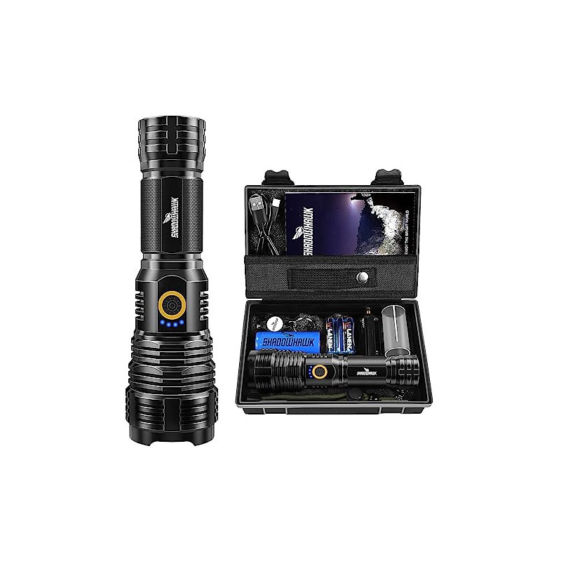 Shadowhawk Taschenlampe LED Aufladbar Batteriebetrieben, 450000 Lumen Extrem Hell Taschenlampen USB, XHP70.2 Taktische Tasche