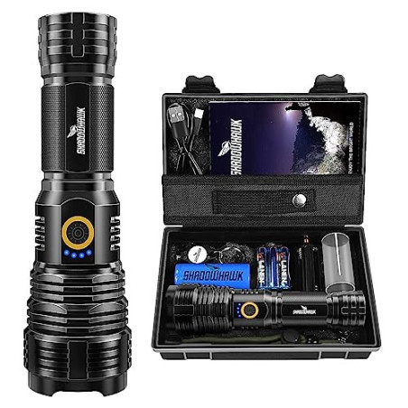 Shadowhawk Taschenlampe LED Aufladbar Batteriebetrieben, 450000 Lumen Extrem Hell Taschenlampen USB, XHP70.2 Taktische Tasche