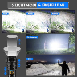 Shadowhawk Taschenlampe LED Aufladbar Batteriebetrieben, 450000 Lumen Extrem Hell Taschenlampen USB, XHP70.2 Taktische Tasche
