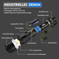 Shadowhawk Taschenlampe LED Aufladbar Batteriebetrieben, 450000 Lumen Extrem Hell Taschenlampen USB, XHP70.2 Taktische Tasche