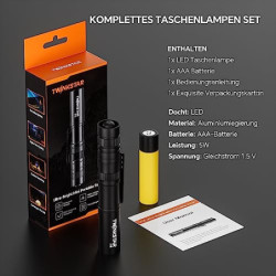 twinkstar Mini LED Taschenlampe, Extrem Hell Taschenlampe Batteriebetrieben, Tragbarer EDC Taschenlampe Mit Clip, 5 Lichtmodi