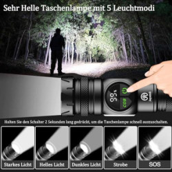 Jayxinli Taschenlampe 500000 Lumen mit Magnet, LED Taschenlampe Usb Aufladbar, Extrem Helle Taschenlampe Mit LCD Leistungsanz