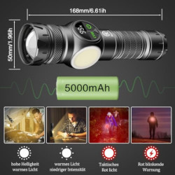 Jayxinli Taschenlampe 500000 Lumen mit Magnet, LED Taschenlampe Usb Aufladbar, Extrem Helle Taschenlampe Mit LCD Leistungsanz