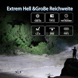 WUBEN C3 Taschenlampe LED Aufladbar, 1200 Lumen Extrem Hell Taktische Taschenlampen, EDC Taschenlampe klein mit 6 Modi, IP68 