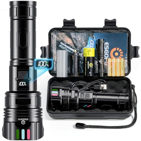 Esgofo Aufladbar Taschenlampe LED Extrem Hell 500000 Lumens Große Reichweite 1000M, Leuchtendes Design Sehr Helle Lang Anhalt