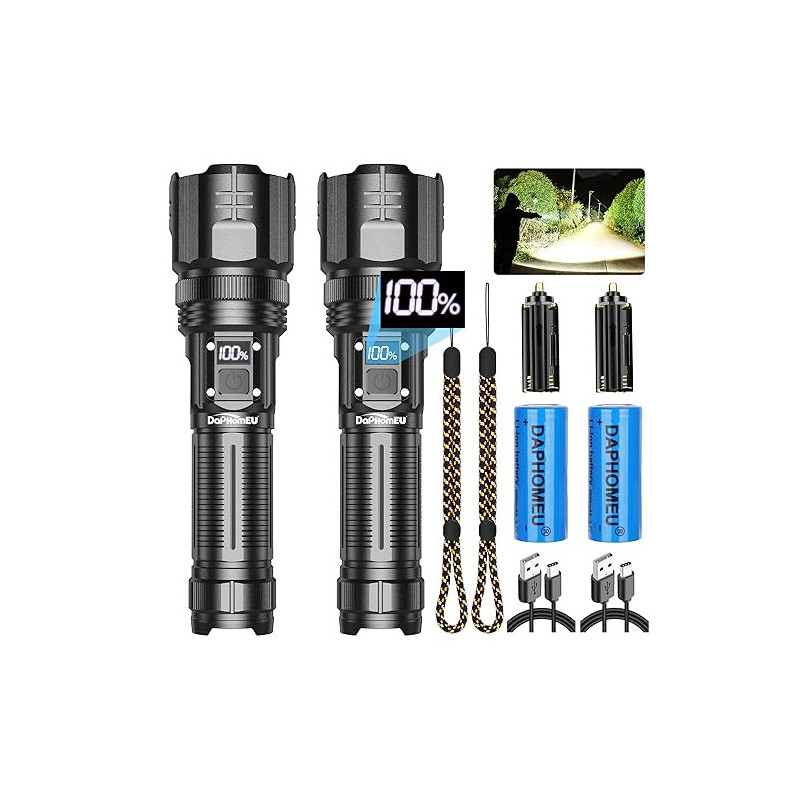 daphomeu Taschenlampe LED Aufladbar, 500000 Lumen Extrem Hell Taschenlampe Batteriebetrieben, Taktische Taschenlampe Zoombare