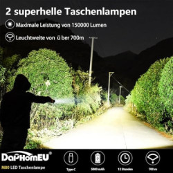 daphomeu Taschenlampe LED Aufladbar, 500000 Lumen Extrem Hell Taschenlampe Batteriebetrieben, Taktische Taschenlampe Zoombare