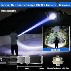 Jayxinli Taschenlampe 500000 Lumen, Extrem Helle Taschenlampe LED Aufladbar, Starke Taschenlampen mit LCD-Leistungsanzeige, 5