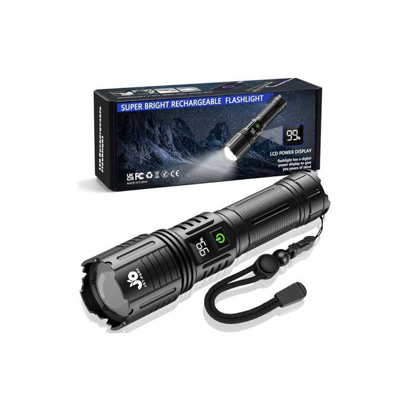 JAY-PARK Taschenlampe 500000 Lumen Aufladbar, LED Taschenlampe Extrem Hell 5 Lichtmodi mit Zoombar, USB Taktische Taschenlamp JAY-PARK Taschenlampe 500000 Lumen Aufladbar, LED Taschenlampe Extrem Hell 5 Lichtmodi mit Zoombar, USB Taktische Taschenlamp