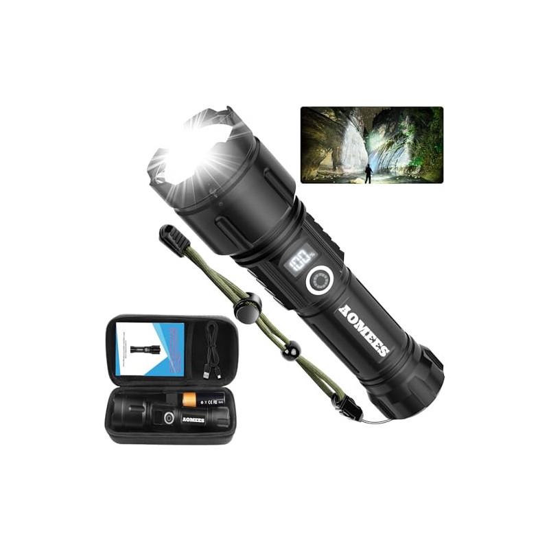 AOMEES Led Taschenlampe Aufladbar, 200000 Lumen Led Taschenlampe Extrem Hell mit LED Anzeige & 5000 mAh Akku, IPX4 Wasserdich AOMEES Led Taschenlampe Aufladbar, 200000 Lumen Led Taschenlampe Extrem Hell mit LED Anzeige & 5000 mAh Akku, IPX4 Wasserdich