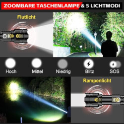 AOMEES Led Taschenlampe Aufladbar, 200000 Lumen Led Taschenlampe Extrem Hell mit LED Anzeige & 5000 mAh Akku, IPX4 Wasserdich