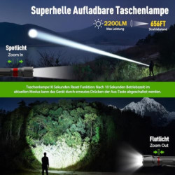 GEARLITE Taschenlampe Led Aufladbar, Superhelle Zoombare 2200 Lumen Mini Torch mit 3 Lichtmodi & Langer Betriebsdauer, IP65 W