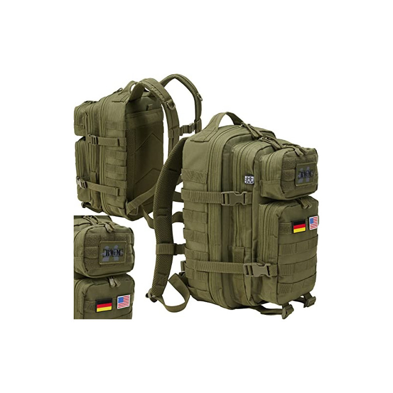 BWuM US Assault Pack Cooper Rucksack + Patch & Flaggen, Größe:Large 50L , Farbe:Oliv BWuM US Assault Pack Cooper Rucksack + Patch & Flaggen, Größe:Large 50L , Farbe:Oliv