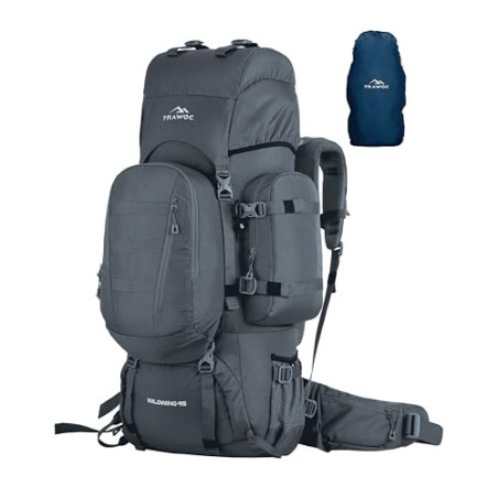 TRAWOC 95 l interner Rahmen, Reiserucksack mit abnehmbarem Tagesrucksack/Camping, Wandern, Trekking, Rucksack, BHK007  grau ,