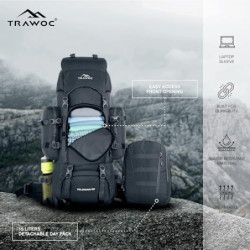 TRAWOC 95 l interner Rahmen, Reiserucksack mit abnehmbarem Tagesrucksack/Camping, Wandern, Trekking, Rucksack, BHK007  grau ,