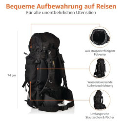 Amazon Basics - Wanderrucksack mit Innengestell und Regenschutz, 75I, Schwarz