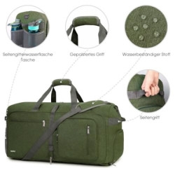 WANDF Reisetasche 65L mit Schuhfach Faltbare Weekender-Reisetasche Handgepäck für Männer Frauen  Dunkelgrün 
