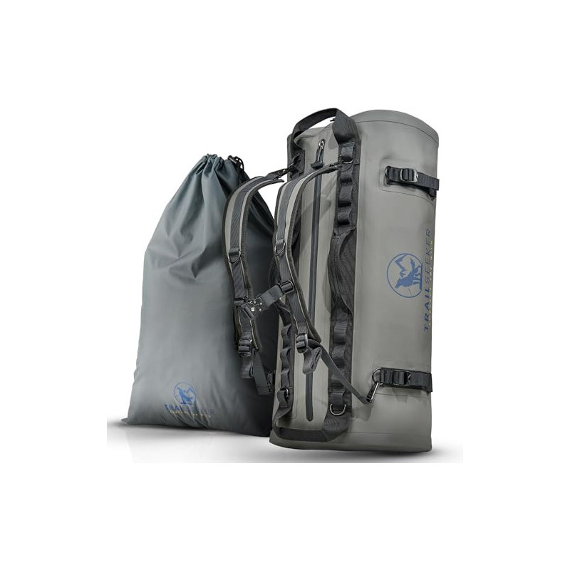 TrailSeeker Duffle Bag | Reisetasche Rucksack Seesack Tasche [100% Wasserdicht] | 60L Grau | Motorradtasche Segeltasche | Cam