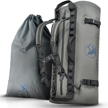TrailSeeker Duffle Bag | Reisetasche Rucksack Seesack Tasche [100% Wasserdicht] | 60L Grau | Motorradtasche Segeltasche | Cam