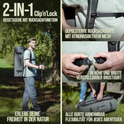 TrailSeeker Duffle Bag | Reisetasche Rucksack Seesack Tasche [100% Wasserdicht] | 60L Grau | Motorradtasche Segeltasche | Cam