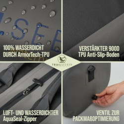 TrailSeeker Duffle Bag | Reisetasche Rucksack Seesack Tasche [100% Wasserdicht] | 60L Grau | Motorradtasche Segeltasche | Cam