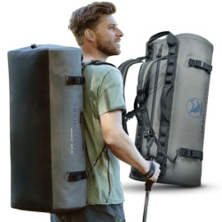 TrailSeeker Duffle Bag | Reisetasche Rucksack Seesack Tasche [100% Wasserdicht] | 60L Grau | Motorradtasche Segeltasche | Cam