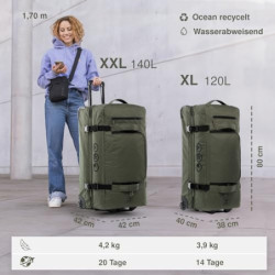 SONS OF ALOHA XL Reisetasche mit 2 Rollen Kane Rollkoffer 80 cm Koffer Sporttasche Reise-Trolley 120L, grün-Olive