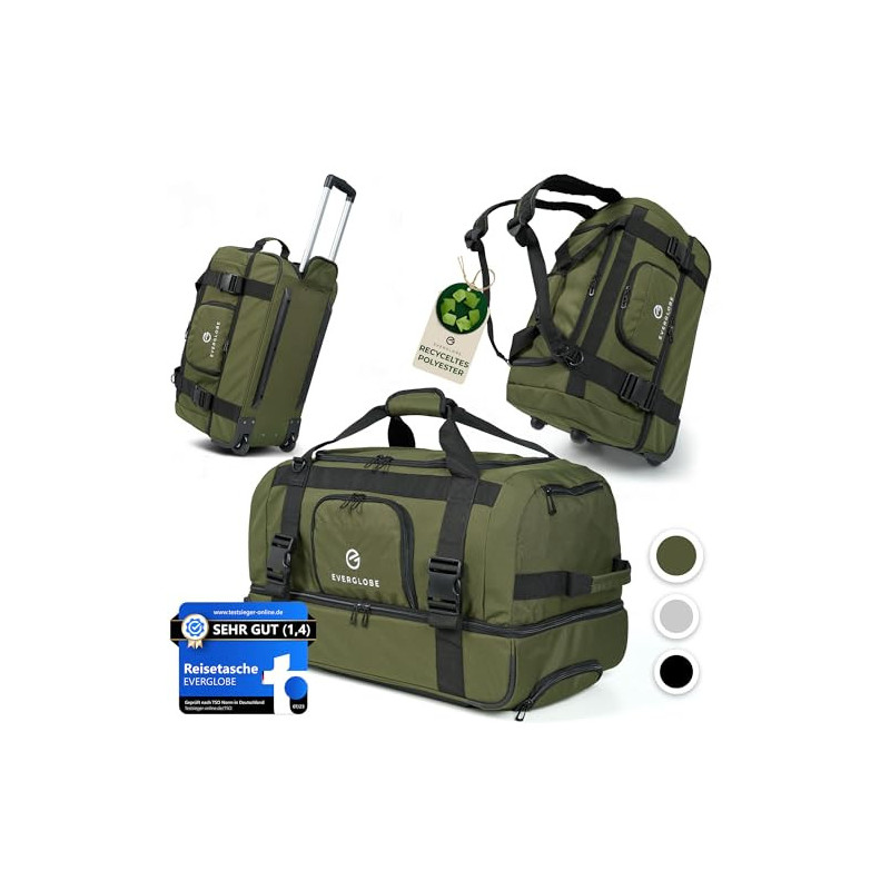 EVERGLOBE Reisetasche mit Rollen 60l Groß [Recycelt] - 3in1 Tasche + Trolley + Rucksack | Reisekoffer Travel Bag Sporttasche 