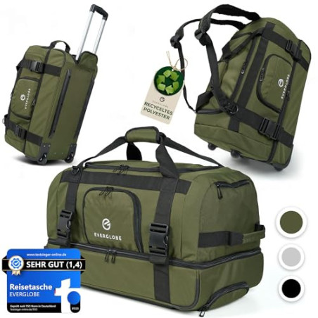 EVERGLOBE Reisetasche mit Rollen 60l Groß [Recycelt] - 3in1 Tasche + Trolley + Rucksack | Reisekoffer Travel Bag Sporttasche 